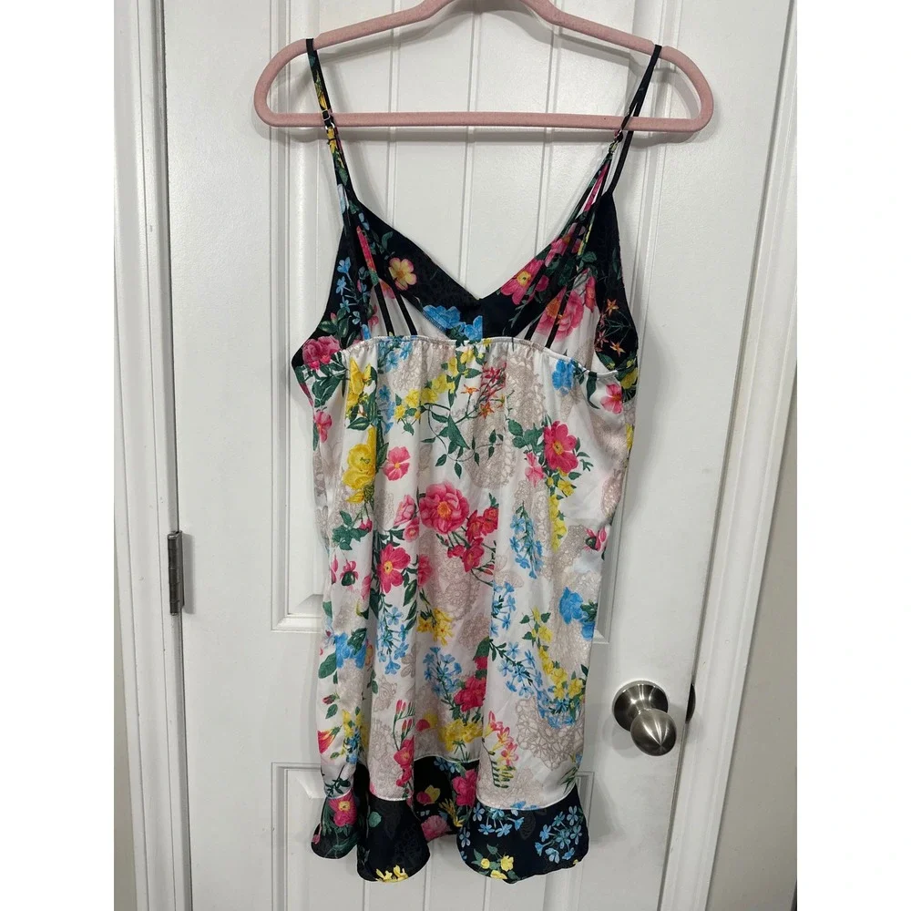 Betsey Johnson Floral Satin Chemise Nightgown Medium Ruffle Hem Cage Back Slip